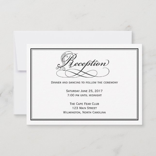 Black & White Royal Script Reception Card Einladung (Vorderseite)