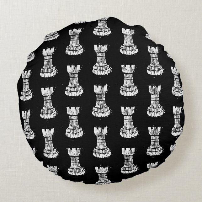 Black & White Schach Figures Linocut Rook Rundes Kissen (Rückseite)