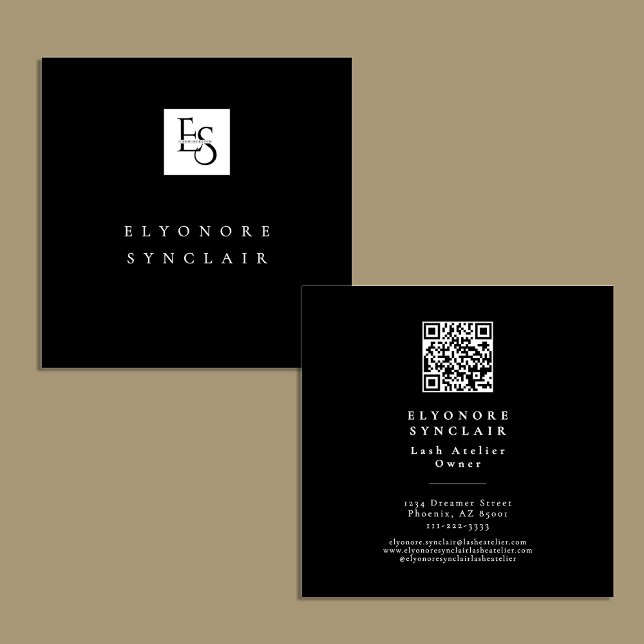 Black White Script Lashes Studio Logo QR Code  Quadratische Visitenkarte (Von Creator hochgeladen)