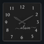 Black White Script Monogram Girly Name Quadratische Wanduhr<br><div class="desc">White and Black Script Monogram Name Clock. This makes the perfect sweet 16 birthday,  wedding,  bridal shower,  anniversary,  baby shower or bachelorette party gift for someone that loves glam luxury and chic styles.</div>