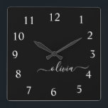 Black White Script Monogram Girly Name Quadratische Wanduhr<br><div class="desc">White and Black Script Monogram Name Clock. This makes the perfect sweet 16 birthday,  wedding,  bridal shower,  anniversary,  baby shower or bachelorette party gift for someone that loves glam luxury and chic styles.</div>