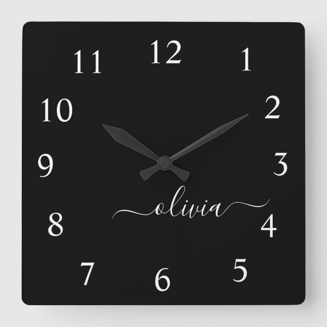 Black White Script Monogram Girly Name Quadratische Wanduhr (Vorderseite)