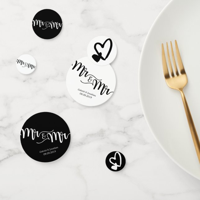 Black & White Script Mr. und Mr. Hearts Wedding Konfetti (Gruppe)