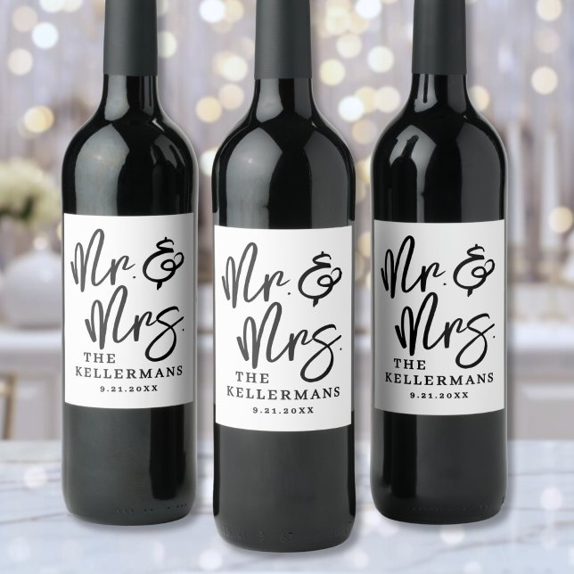 Black White Script Wedding Weinetikett (Black White Script Wedding Wine Label )