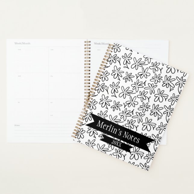 Black & White Seamless Floral Year Planner (Devant avec enveloppe)