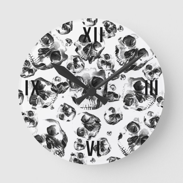 Black & White Skulls Skeleton Skull Art Pattern Runde Wanduhr (Vorderseite)