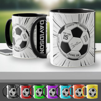 Black White Soccer Ball Custom Age Name Birthday  Tasse
