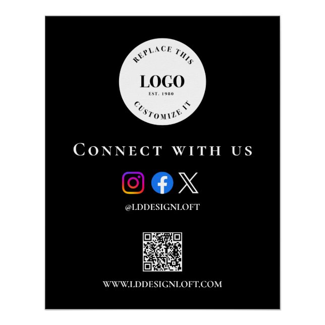 Black White Social QR code website Custom logo Poster (Vorderseite)