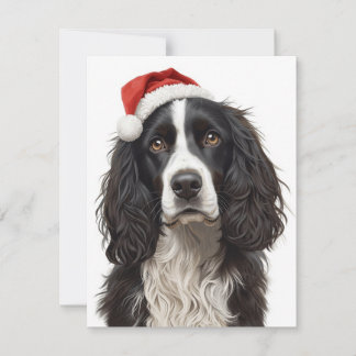 Black & White Spaniel Santa Hat Xmas Art Feiertagskarte