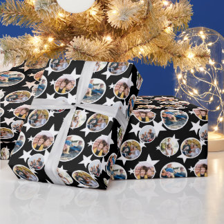 Black White Stars Stripes Round Photos Christmas Geschenkpapier