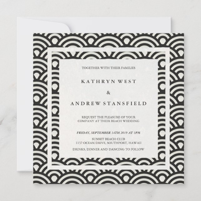 Black + White stilisierte Waves Elegant Beach Wedd Einladung (Vorderseite)