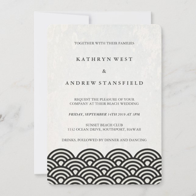 Black + White stilisierte Waves Elegant Beach Wedd Einladung (Vorderseite)