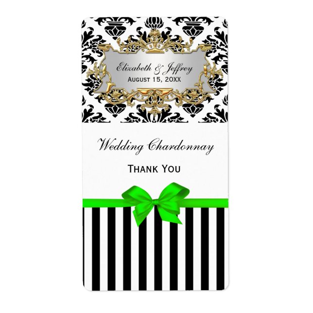 Black White Strik Damask Lime Party Vin Étiquette (Devant)