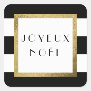 Black & White Strip "Joyeux Noël" Weihnachten Quadratischer Aufkleber