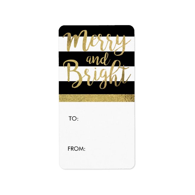 Black & White Strip "Merry & Bright" Weihnachtsges Adressaufkleber (Vorne)