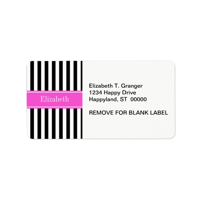 Black White Stripe Hot Pink Ribbon Name Monogram Adressaufkleber (Vorne)