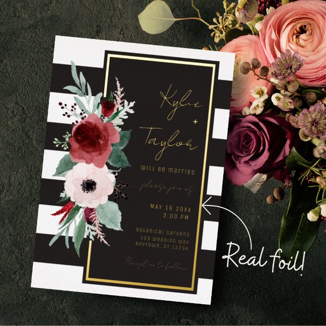 Black & White Stripe Magenta Floral Gold Hochzeit Folieneinladung (Von Creator hochgeladen)