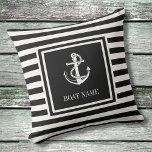 Black White Striped Nautical Anchor Boat Name Kissen<br><div class="desc">A nautical design featuring an anchor,  stylish black and white stripes,  and can be personalized with your boat name. Designed by Thisisnotme©</div>