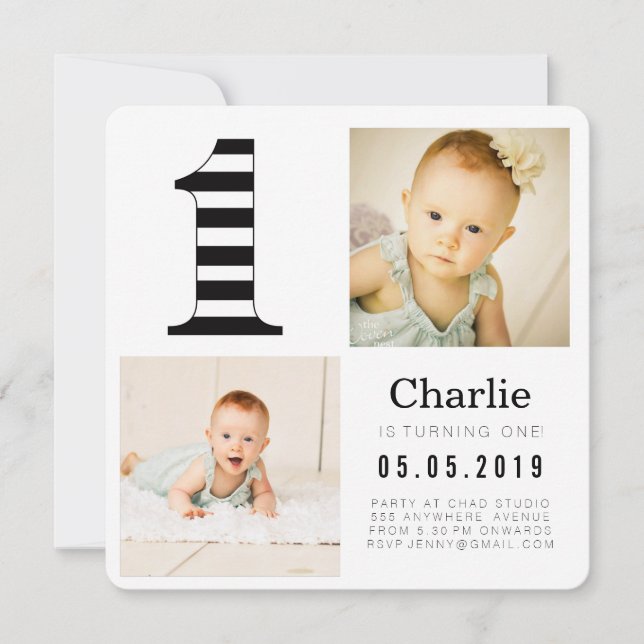 Black & White Stripes 1er anniversaire Cartes phot (Devant)