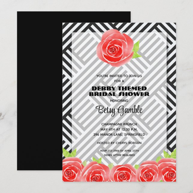 Black & White Stripes Derby Bridal Shower Invites (Vorne/Hinten)