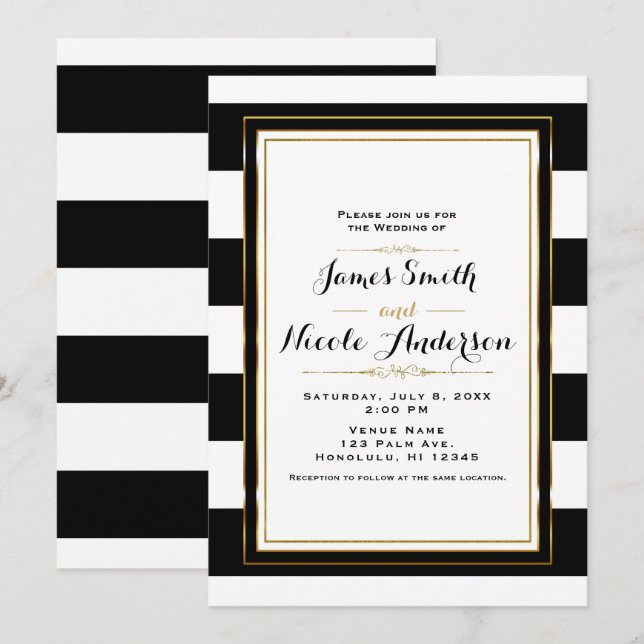 Black & White Stripes Gold Chic Elegante Hochzeit Einladung (Vorne/Hinten)