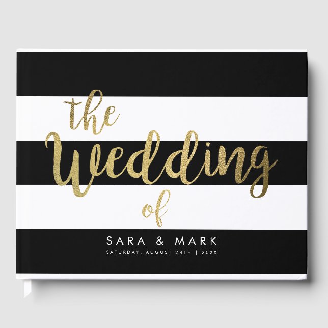 Black & White Stripes Gold Foil Mariage livre d'hô (Recto)