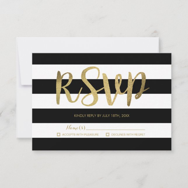 Black & White Stripes Gold Foil Wedding RSVP Karte (Vorderseite)