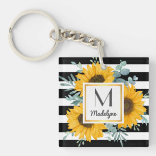 Black White Stripes Gold Sunflower Personnalisé
