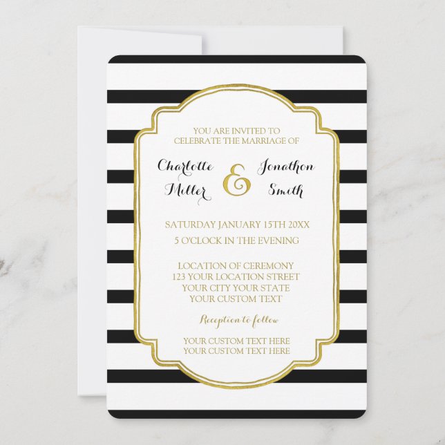 Black White Stripes Gold Wedding Invitations (Dos)
