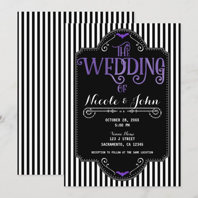 Black White Stripes Purple Gothic Bat Wedding Einladung (Vorne/Hinten)