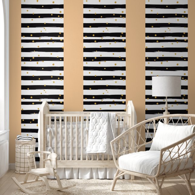 Black White Stripes with Gold Confetti Pattern Tapete (Kinder)