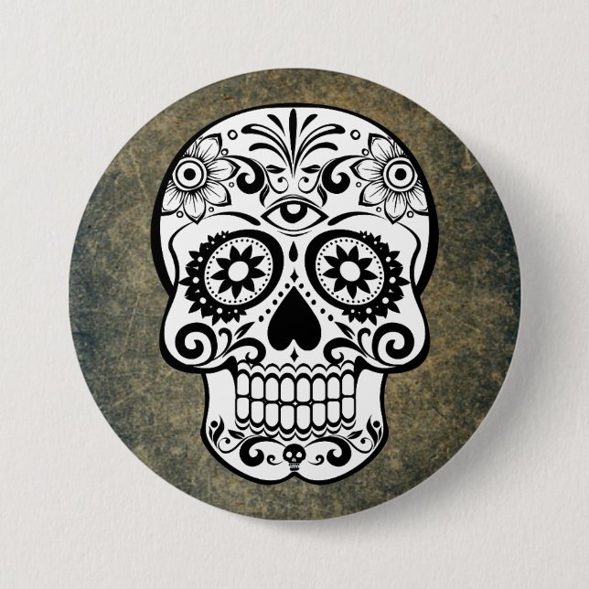 Black & White Sugar Skull Slate Button (Vorderseite)