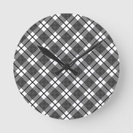 Black White Thin Glen Plaid Pattern Runde Wanduhr