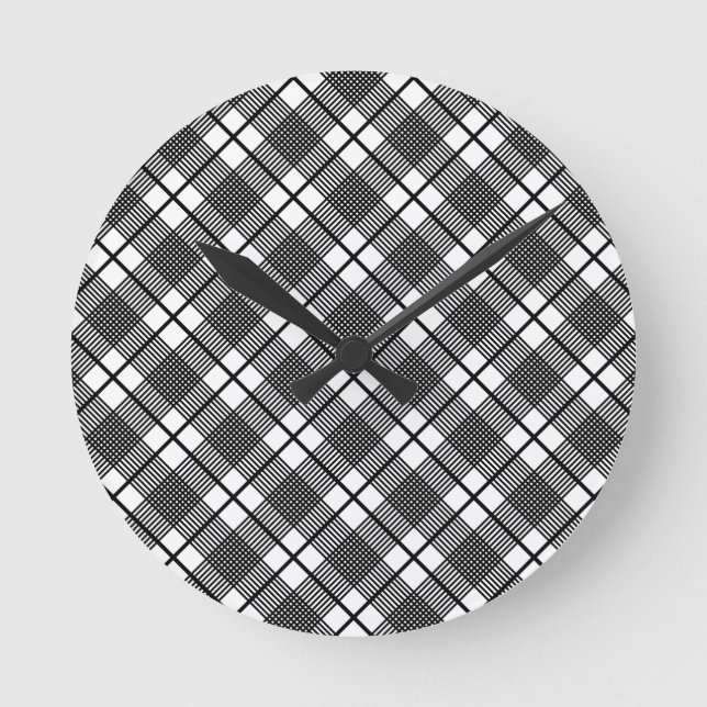 Black White Thin Glen Plaid Pattern Runde Wanduhr (Vorderseite)