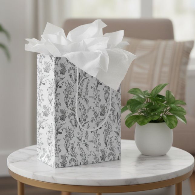Black White Toile Elegant Floral Mittlere Geschenktüte (black and white toile floral gift bag with elegant chic pattern)