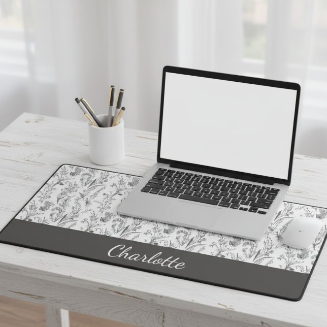 Black White Toile Floral Custom Name (black and white toile floral custom name desk mat for gift for her mom woman)