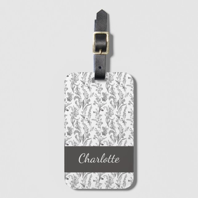 Black White Toile Floral Custom Name Gepäckanhänger (Vorderseite Vertikal)