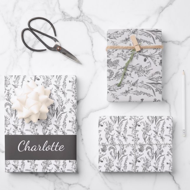 Black White Toile Floral Custom Name Geschenkpapier Set (Vorderseite)