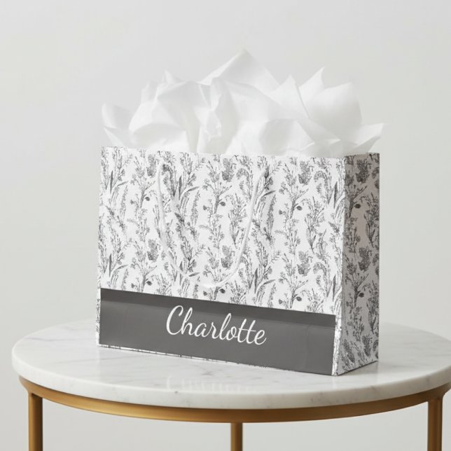 Black White Toile Floral Custom Name Große Geschenktüte (black and white toile floral custom name gift bag with elegant chic pattern)