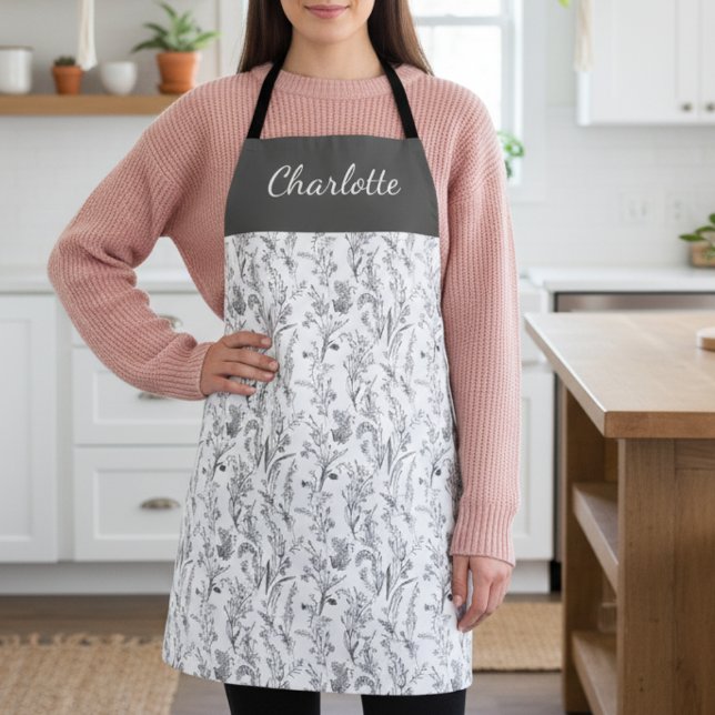 Black White Toile Floral Custom Name Schürze (black and white minimalist toile chinoiserie pattern apron with custom name)