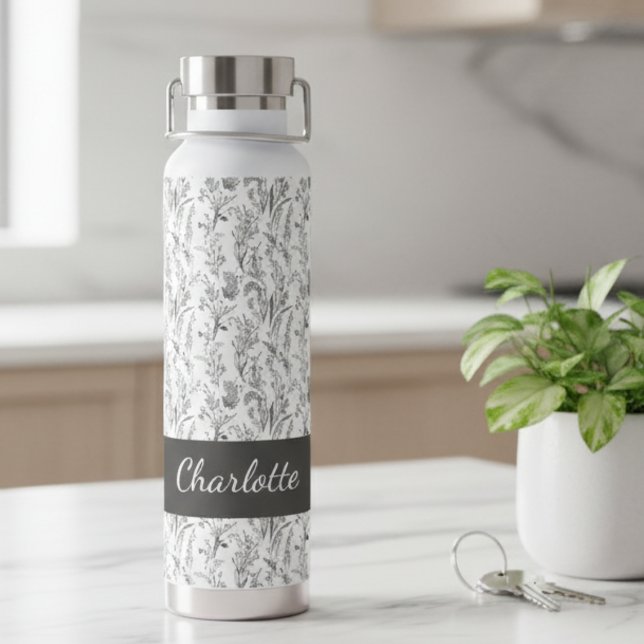 Black White Toile Floral Custom Name Trinkflasche (black and white minimalist toile pattern water bottle with custom name for gift for her)