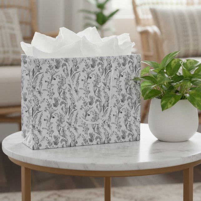 Black White Toile Floral Elegant Große Geschenktüte (elegant black and white toile floral gift bag with chic pattern)