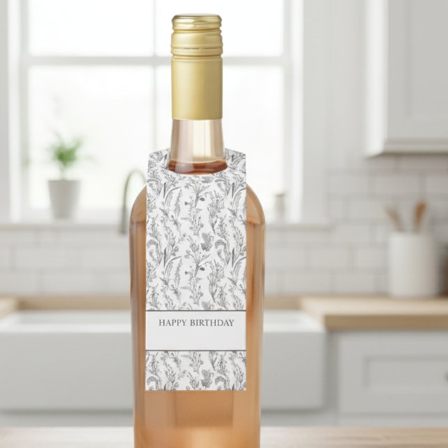 Black White Toile Floral Gift Flaschenanhänger (happy birthday customized black and white toile wine bottle label with hanging tag design)