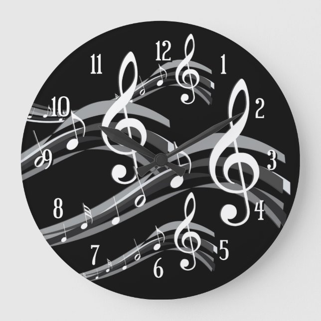 Black & White Treble Clef Große Wanduhr (Vorderseite)