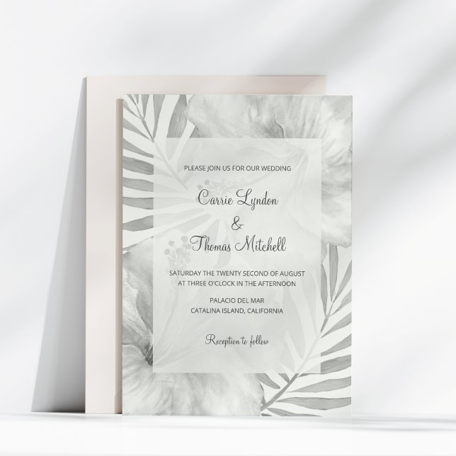 Black & White Tropical Beach Palm Hibiskus Hochzei Einladung (Von Creator hochgeladen)