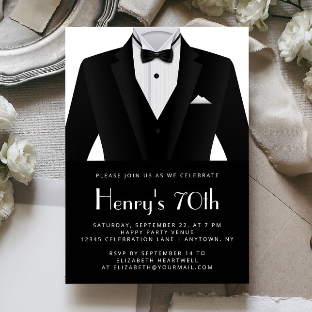 Black White Tuxedo Mens 70th Birthday Party Einladung (Von Creator hochgeladen)