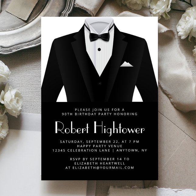 Black White Tuxedo Mens Birthday Party Einladung (Von Creator hochgeladen)