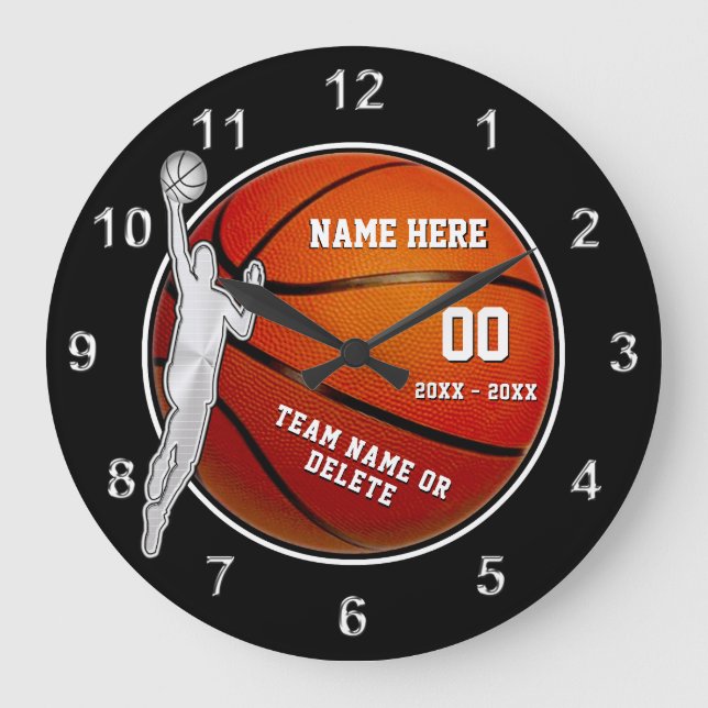 Black, White und Silver Basketball Geschenke für J Große Wanduhr (Vorderseite)