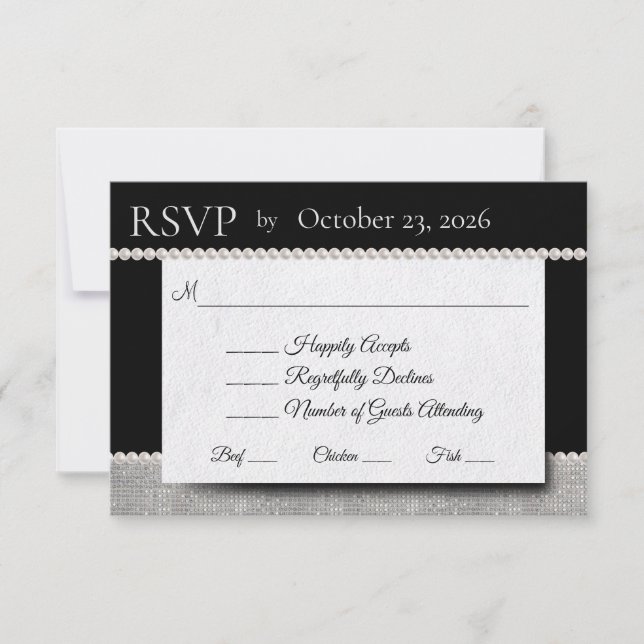 Black & White Wedding Elegance Pearls RSVP Karte (Vorderseite)