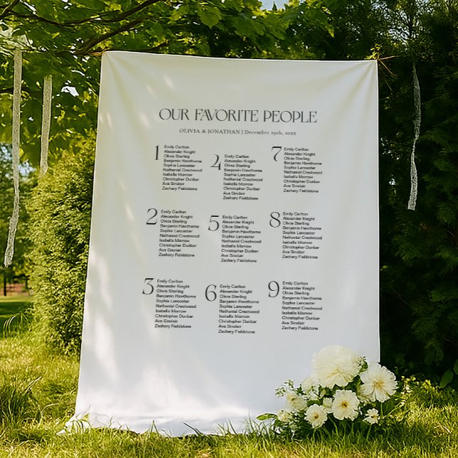 Black White Wedding Seating Chart Fabric 9 Tables Wandteppich (Von Creator hochgeladen)